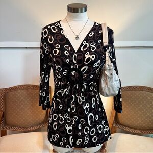 Vintage 90s Y2K Brown and Cream Geometric Patterned Long Sleeve Blouse Boho Chic